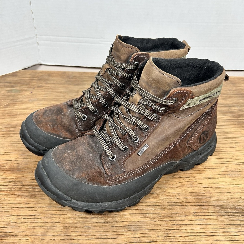 Merrell Graz Waterproof Brown Stone Leather Hiking Boots Men's Sz 8.5 Primaloft